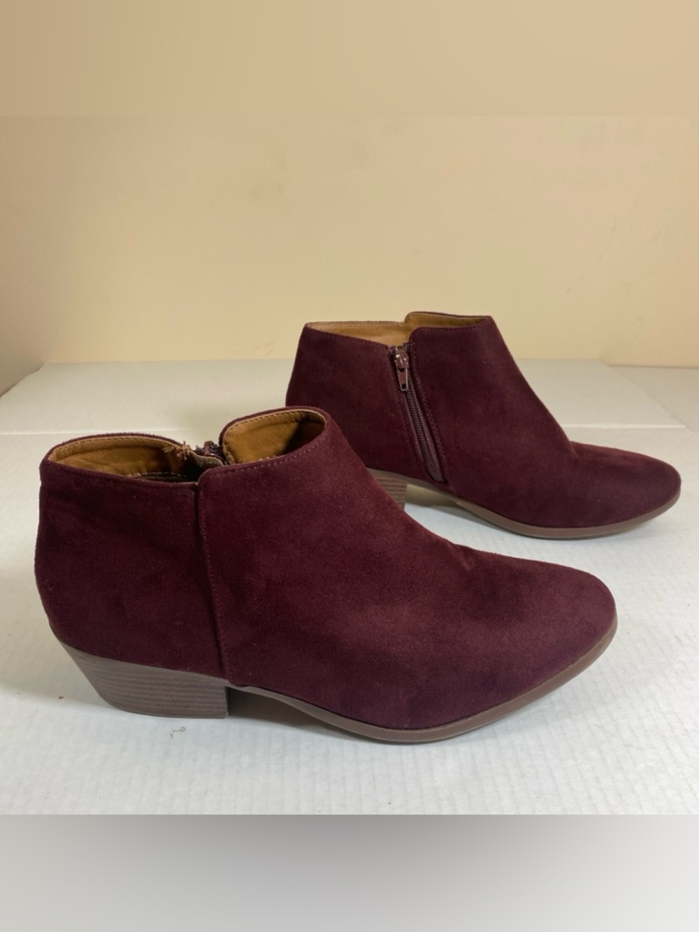 Women's Burgundy Suede Ankle Booties with Side Zip Closure